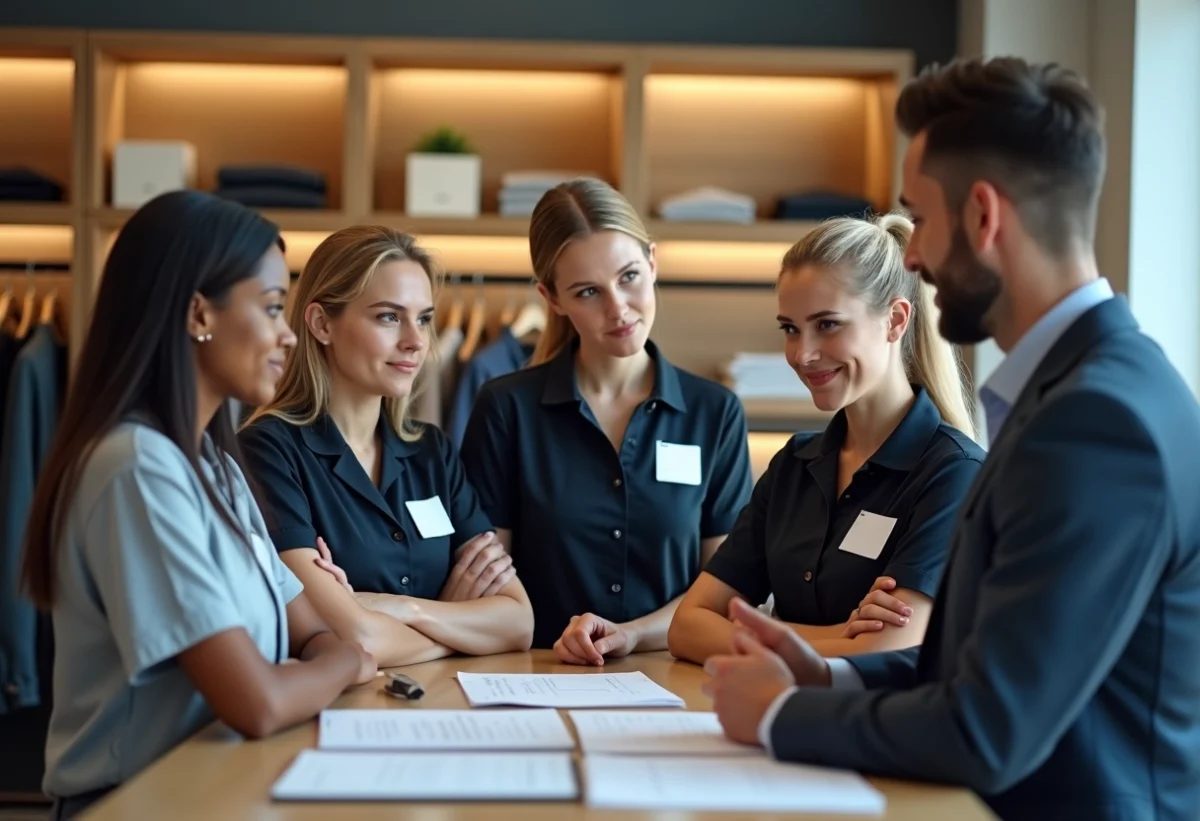 Groupe d'employes retail en discussion avec un responsable RH
