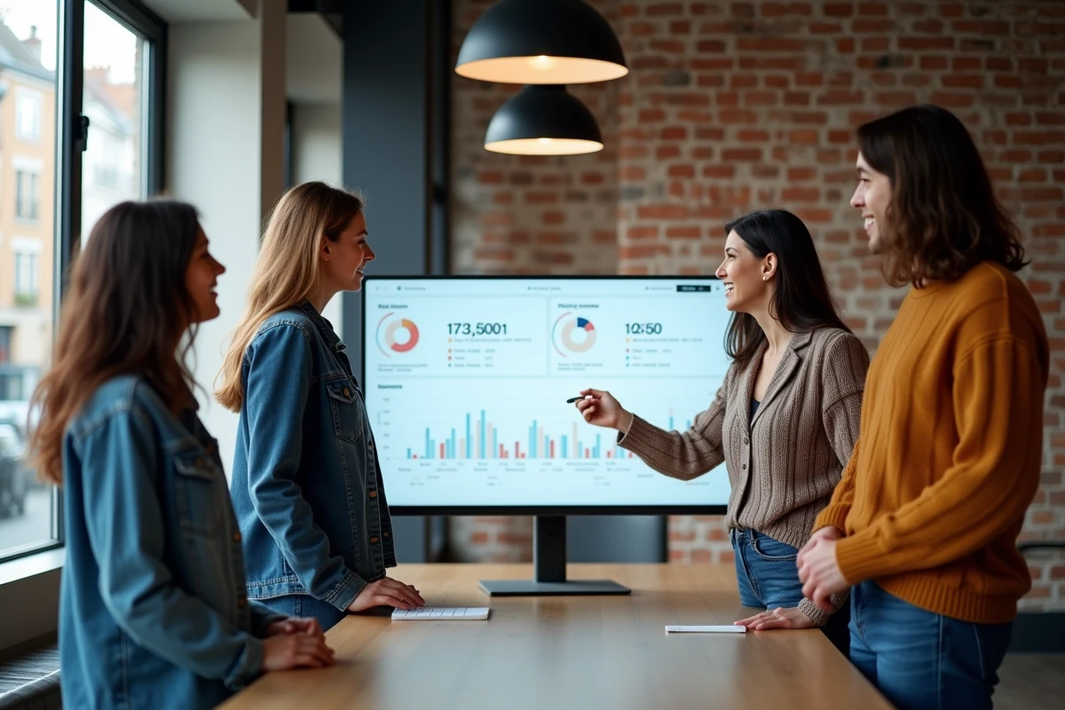 Équipe SEO réunie autour d'un écran affichant des résultats de référencement naturel pour des PME en Bretagne dans un espace de coworking moderne