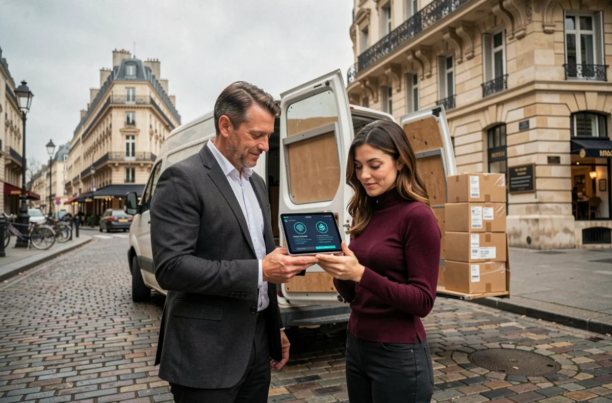 Équipe de livraison consultant une interface de traçabilité RFID et blockchain sur tablette devant un van dans une rue pavée de Paris