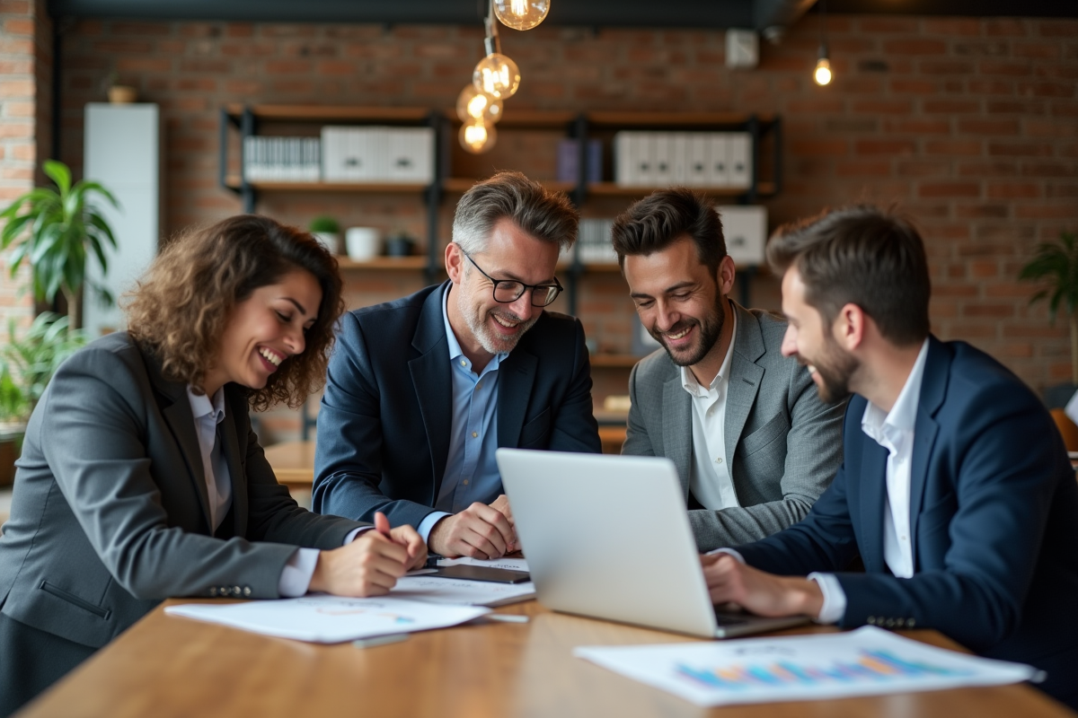 Equipe de vente diverse travaillant ensemble en open space