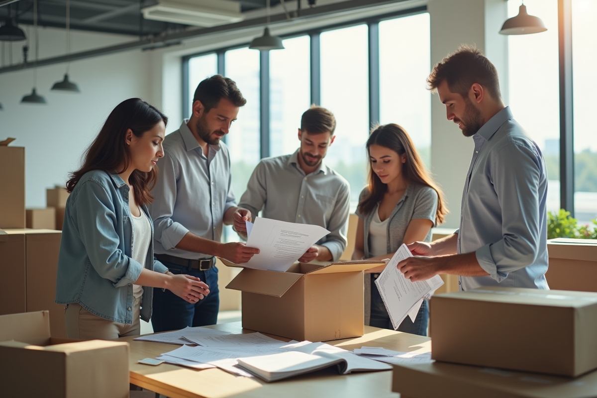 Professionnels organisant la liquidation dans un bureau lumineux