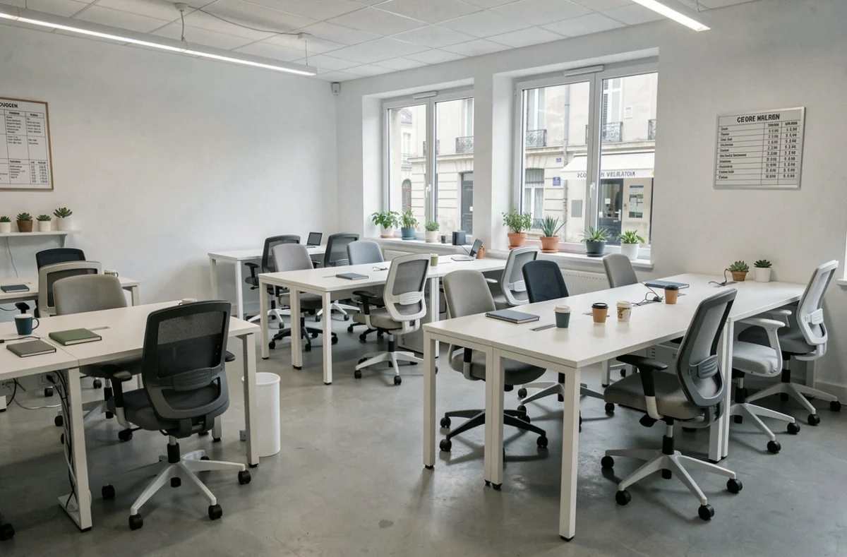 Vue panoramique d'un espace de coworking vide avec bureaux minimalistes et vue sur une rue de Bourg-en-Bresse
