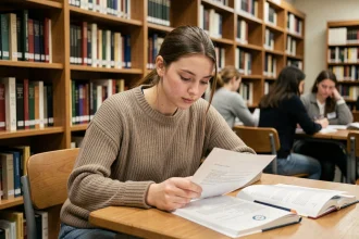 Étudiante en université consultant un contrat de travail à temps partiel dans une bibliothèque universitaire