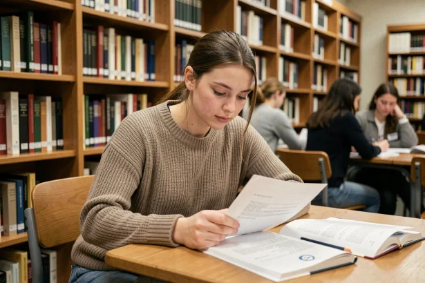 Étudiante en université consultant un contrat de travail à temps partiel dans une bibliothèque universitaire