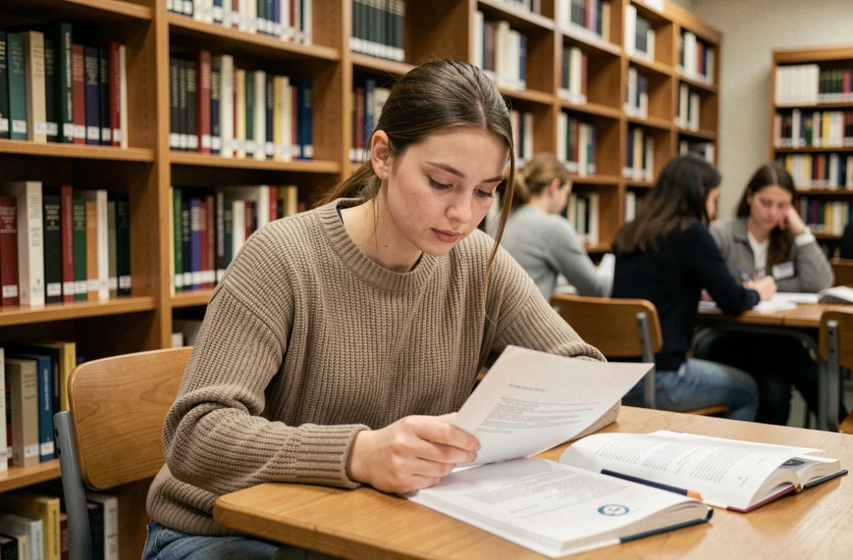 Étudiante en université consultant un contrat de travail à temps partiel dans une bibliothèque universitaire