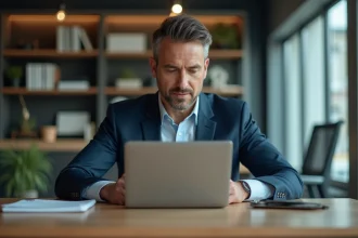 Cadre d’un executive en costume navy dans un bureau moderne