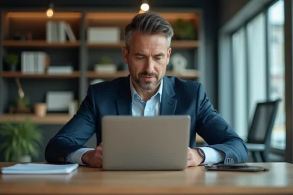 Cadre d’un executive en costume navy dans un bureau moderne