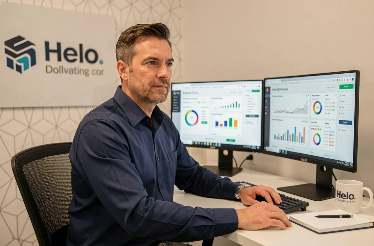 Consultant en marketing digital de l'agence Extern'Market assis devant des tableaux de bord SEO et e-commerce