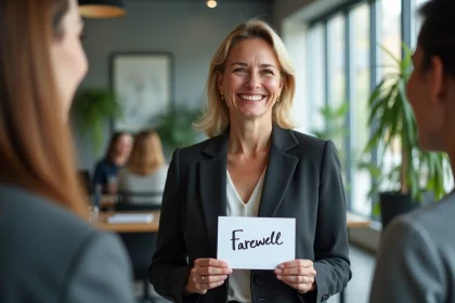 Femme d'affaires souriante avec carte d'adieu dans un bureau moderne