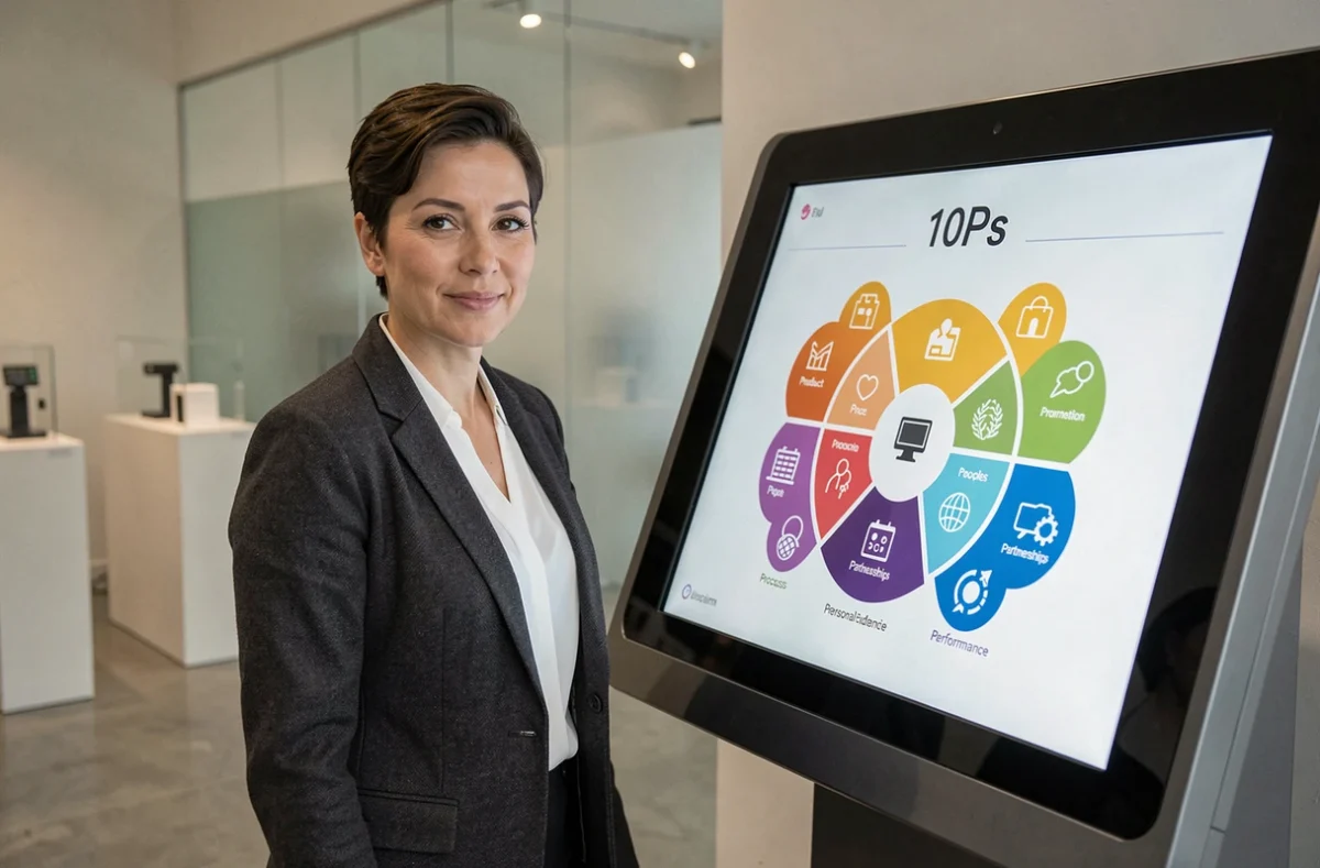 Femme d'affaires présentant un diagramme des 10P du mix marketing sur un écran tactile dans un showroom d'entreprise