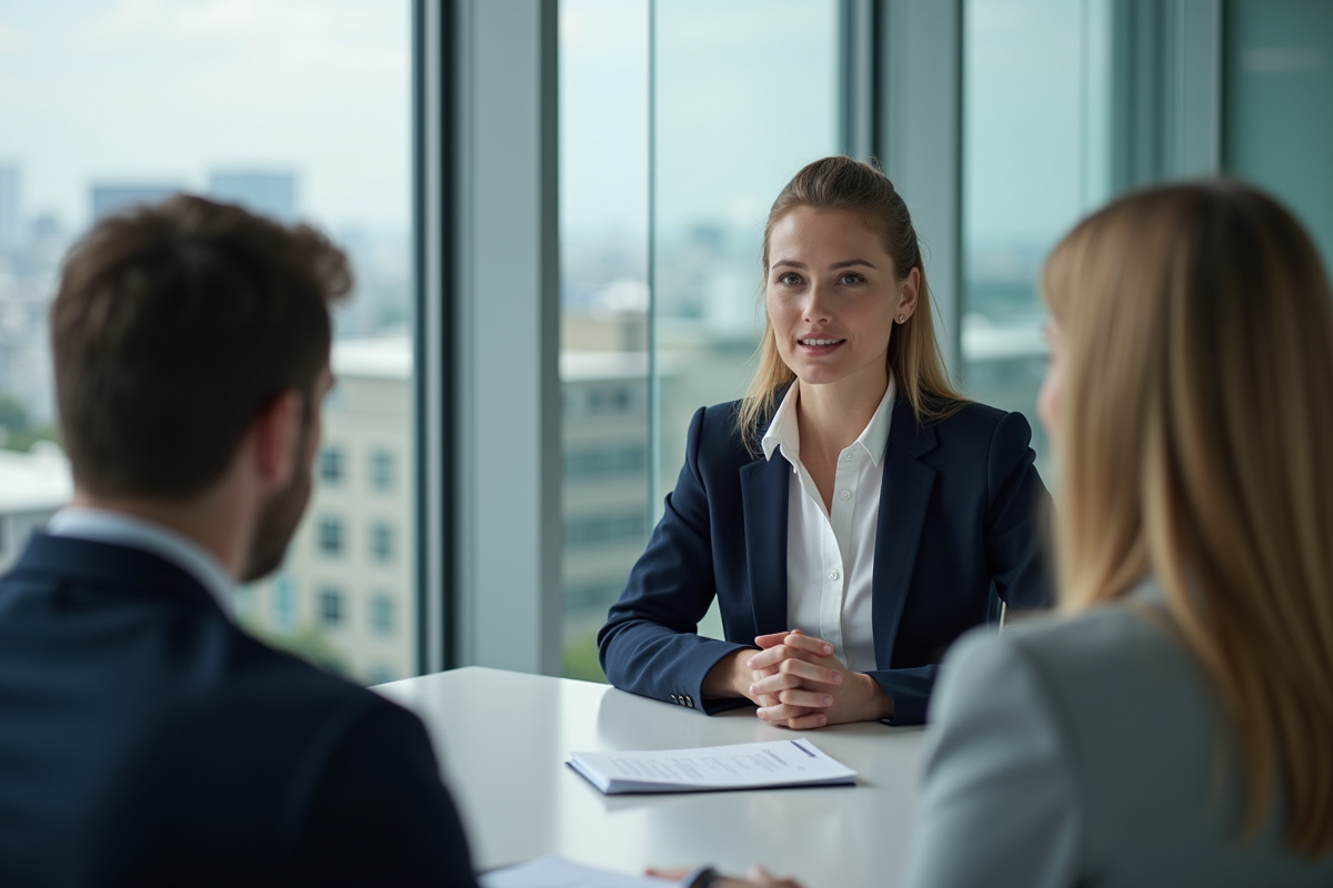Femme d'affaires en réunion dans un bureau lumineux