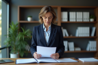 Femme d'affaires française examinant des documents d'export