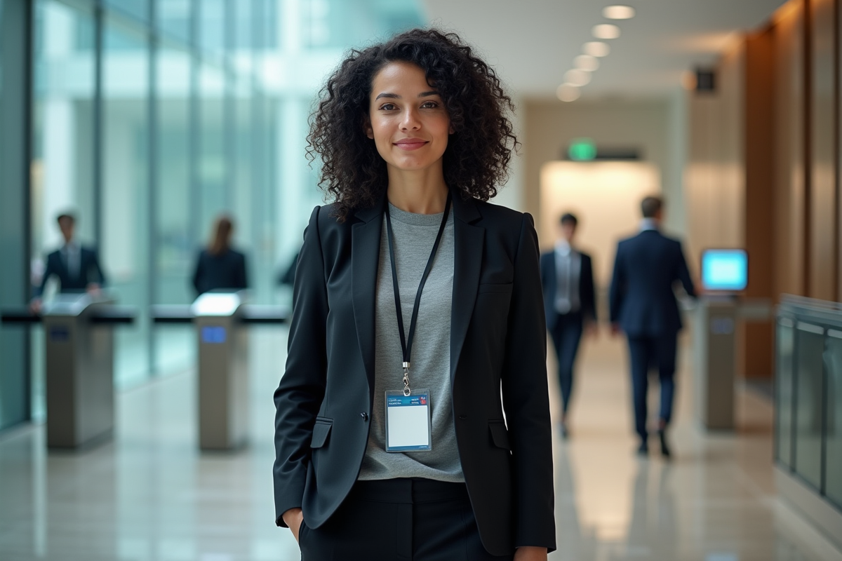 Femme d affaires debout dans un lobby vitré avec badge sécurisé