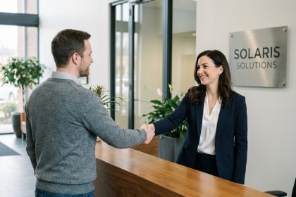 Femme d'affaires souriante serre la main d'un client dans un bureau