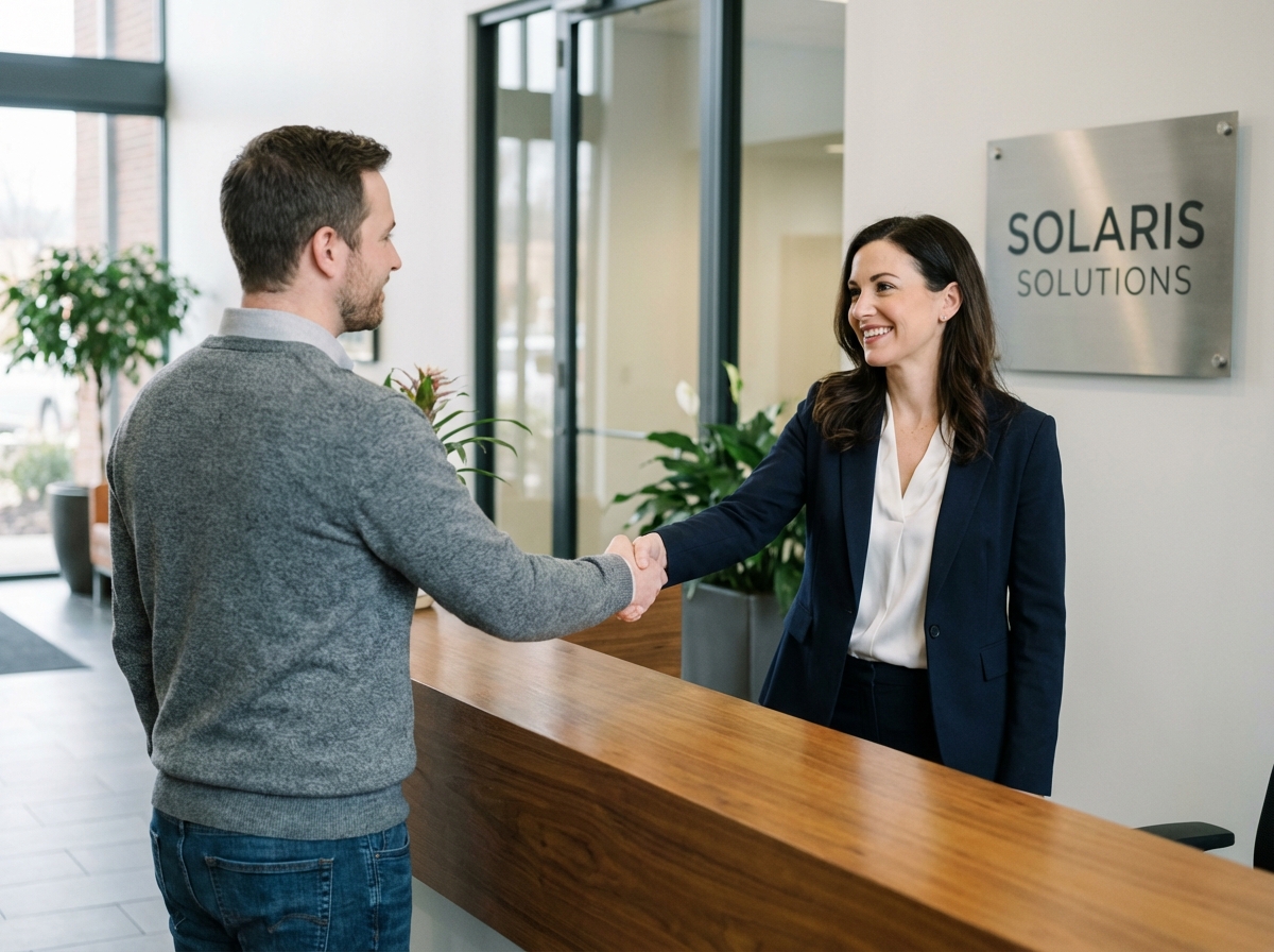 Femme d'affaires souriante serre la main d'un client dans un bureau