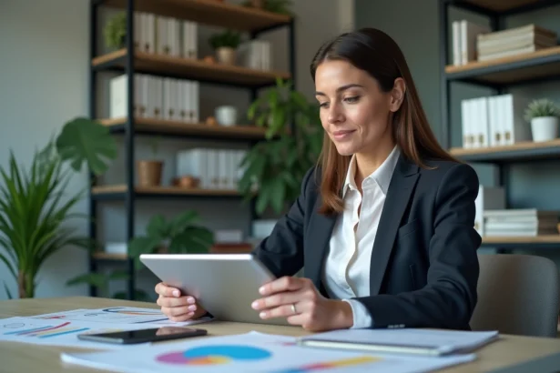 Femme d'affaires analysant des graphiques sur une tablette