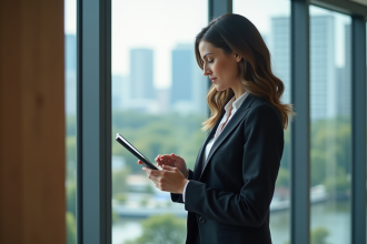 Femme d'affaires en tenue élégante regardant des documents