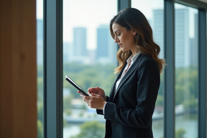 Femme d'affaires en tenue élégante regardant des documents