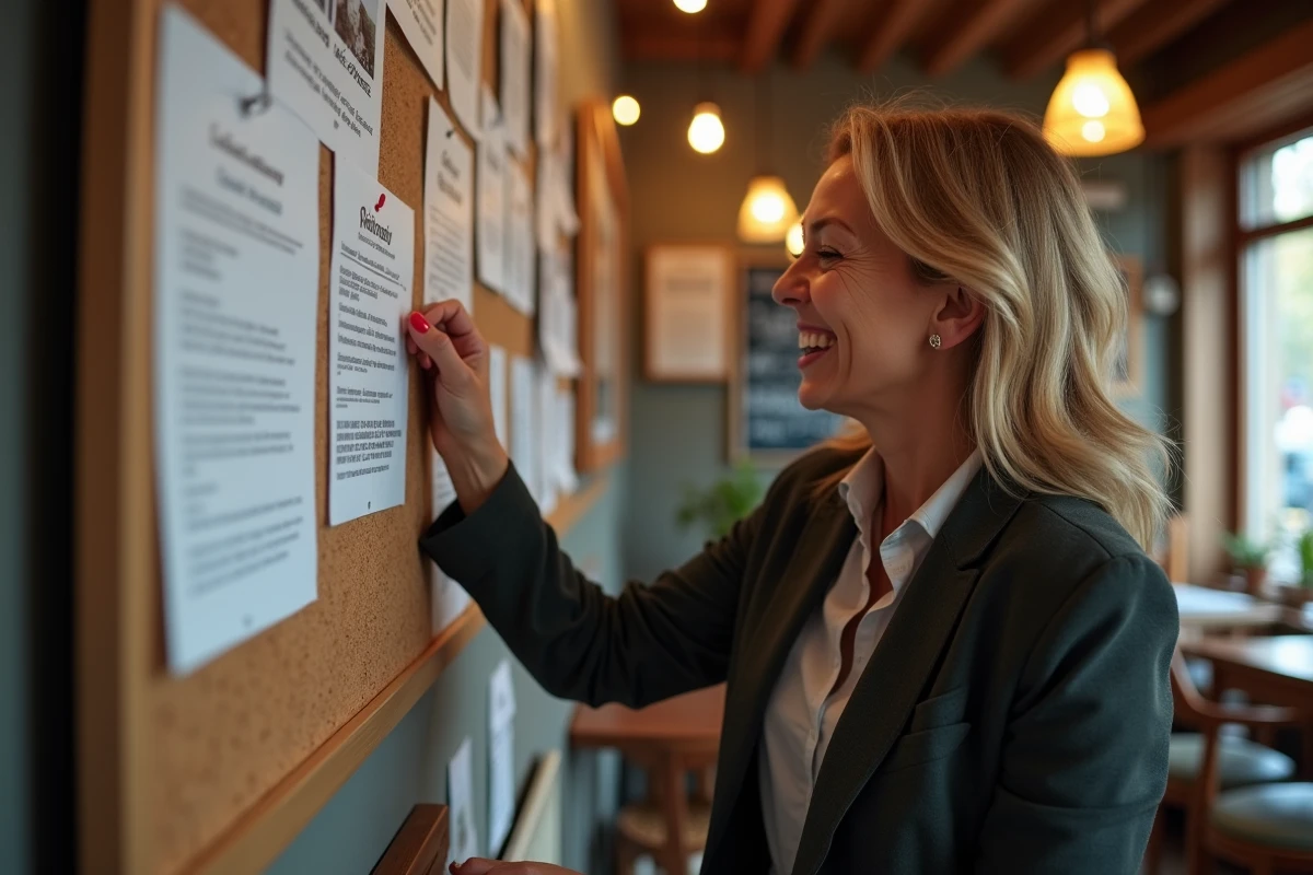 Femme souriante pinçant une affiche dans un café français