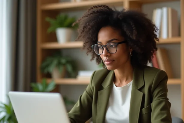 Femme professionnelle analysant un tableau de bord d'affiliation sur un ordinateur portable dans un bureau moderne