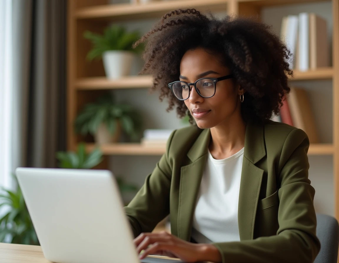 Femme professionnelle analysant un tableau de bord d'affiliation sur un ordinateur portable dans un bureau moderne