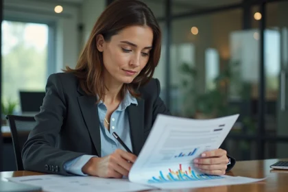 Femme en tenue professionnelle analysant un graphique au bureau