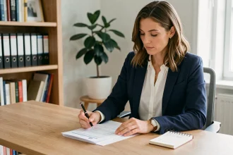Femme analysant un contrat FDJ à son bureau avant de signer un partenariat de distribution