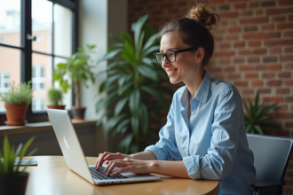 Jeune femme analysant des données sur son ordinateur dans un bureau moderne