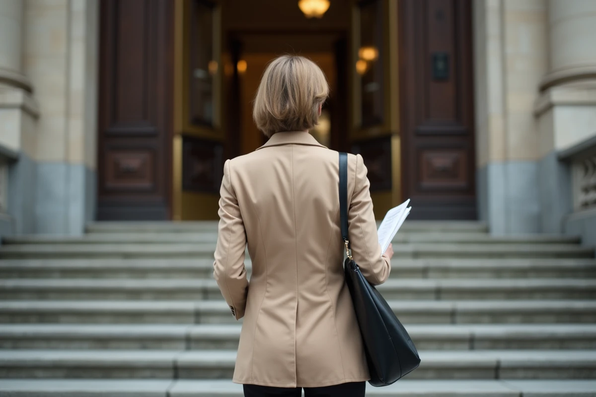 Femme d affaires approche d un bâtiment officiel en ville