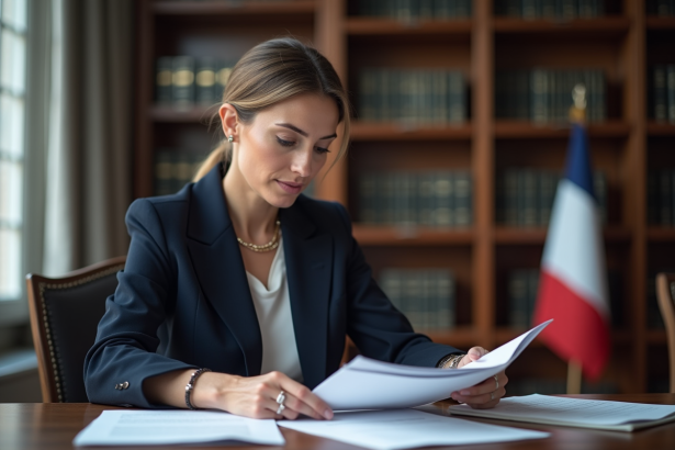 Femme en costume lisant des documents juridiques