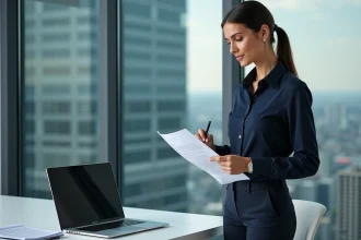 Femme professionnelle vérifiant une checklist au bureau