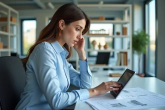 Femme en bureau moderne consulte documents numériques