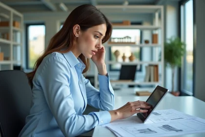 Femme en bureau moderne consulte documents numériques