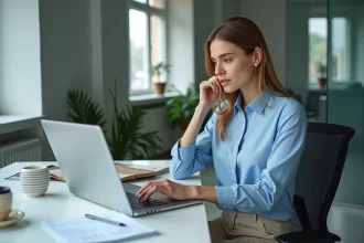 Jeune femme au bureau analysant un tableau digital