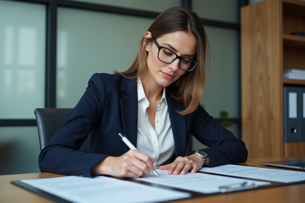 Femme professionnelle en bureau examinant des documents