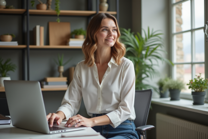 Femme travaillant à son bureau à domicile avec ordinateur
