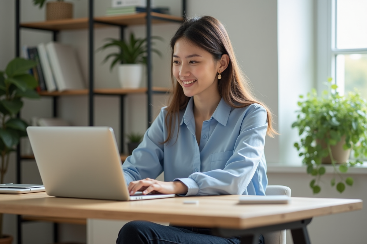 Jeune femme au bureau à domicile souriante et concentrée