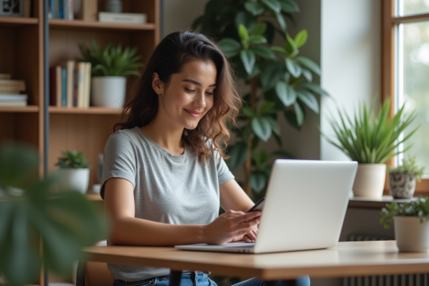Jeune femme au bureau à domicile souriante et détendue