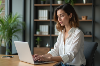 Femme au bureau travaillant sur un ordinateur portable