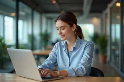 Femme au bureau utilisant un ordinateur portable en mode professionnel