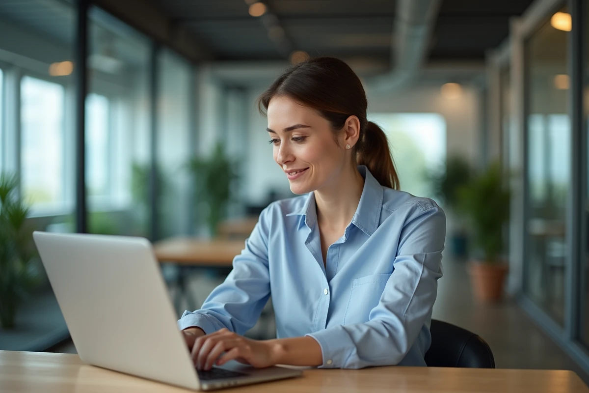Femme au bureau utilisant un ordinateur portable en mode professionnel