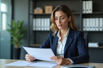 Femme en bureau moderne examinant des documents