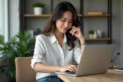 Femme professionnelle travaillant sur son ordinateur dans un bureau moderne
