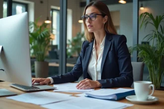 Femme professionnelle au bureau organise ses documents