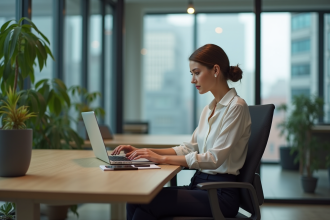 Femme d affaires concentrée sur son ordinateur dans un bureau moderne