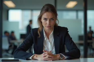 Femme d'âge moyen au bureau avec expression tendue