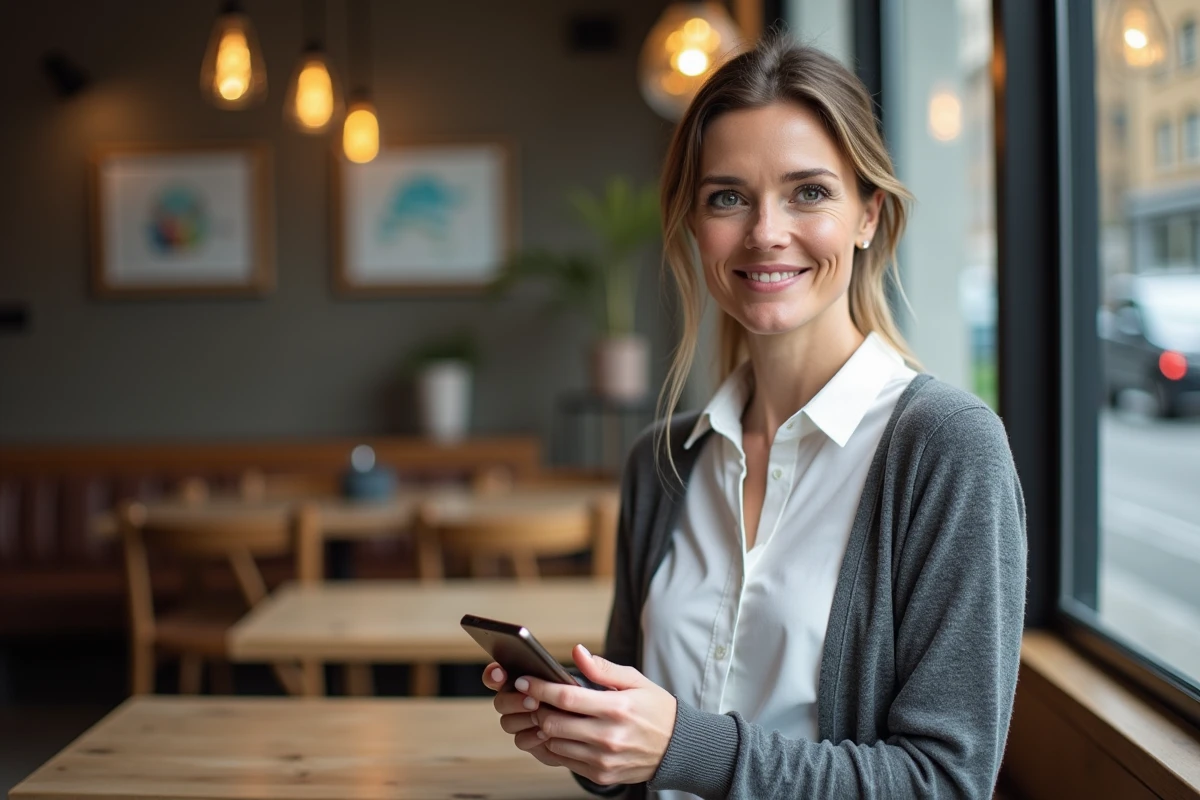 Femme au café utilisant son smartphone avec calculatrice