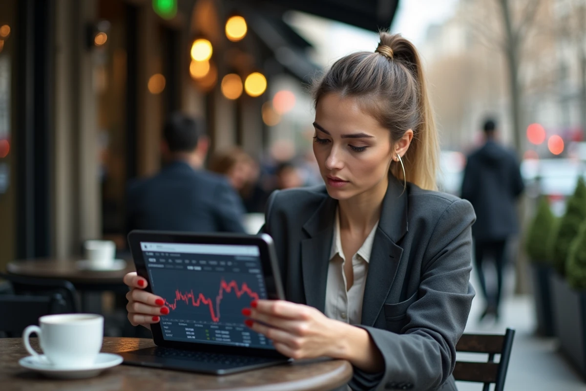 Jeune femme analysant des graphiques sur une tablette en terrasse