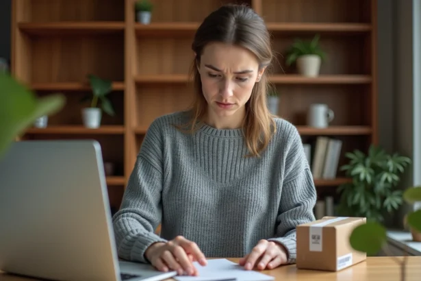 Femme consultant son ordinateur portable à propos d'un colis Vinted bloqué, avec un paquet posé sur son bureau