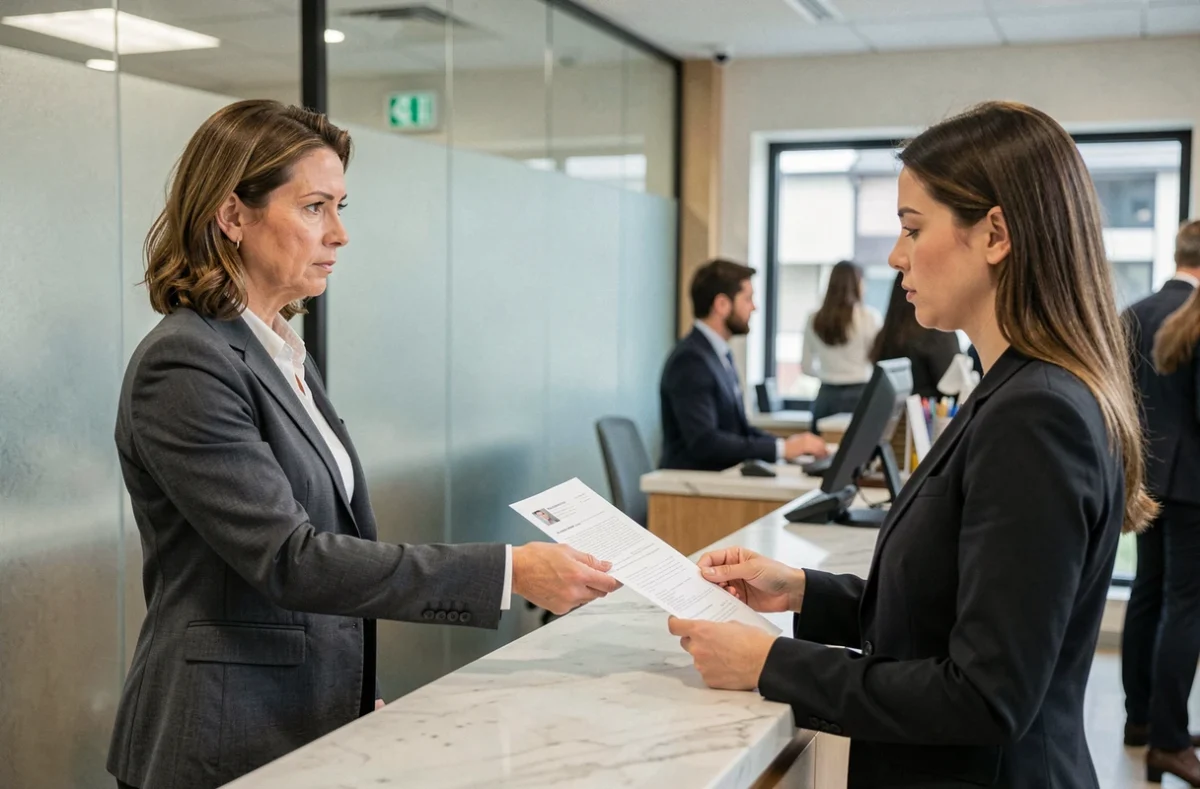 Femme contestant un prélèvement bancaire inconnu auprès d'un conseiller en agence bancaire